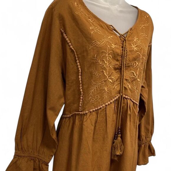 Burnt Orange Embroidered Linen-Blend,Babydoll, Boho Tunic/Peasant Blouse - Picture 2 of 8